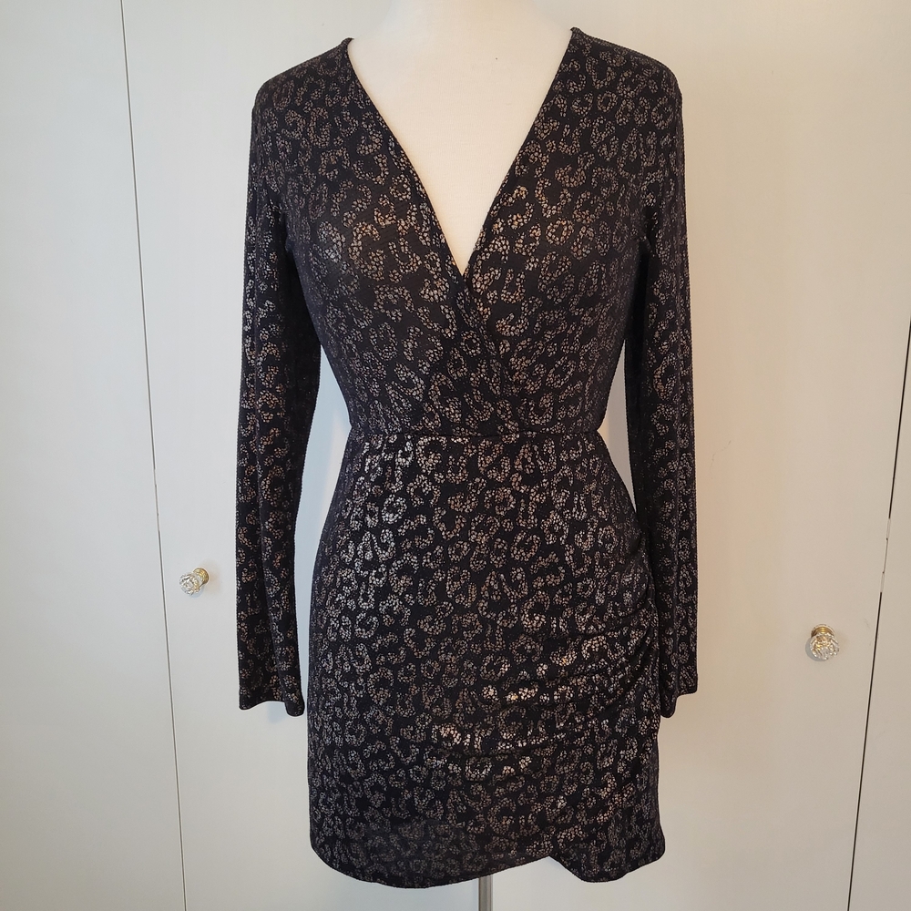 Fraiche By J Sima Black And Metallic Leopard Print Stretch Faux Wrap Minidress M